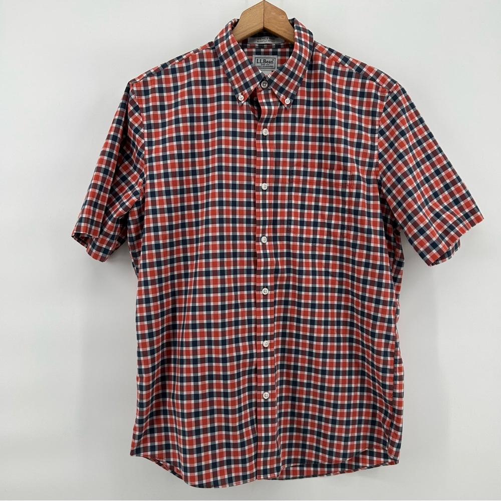 LL Bean Wrinkle Free Shirt Mens M Blue Red Plaid Slightly Fitted Relaxed Classic